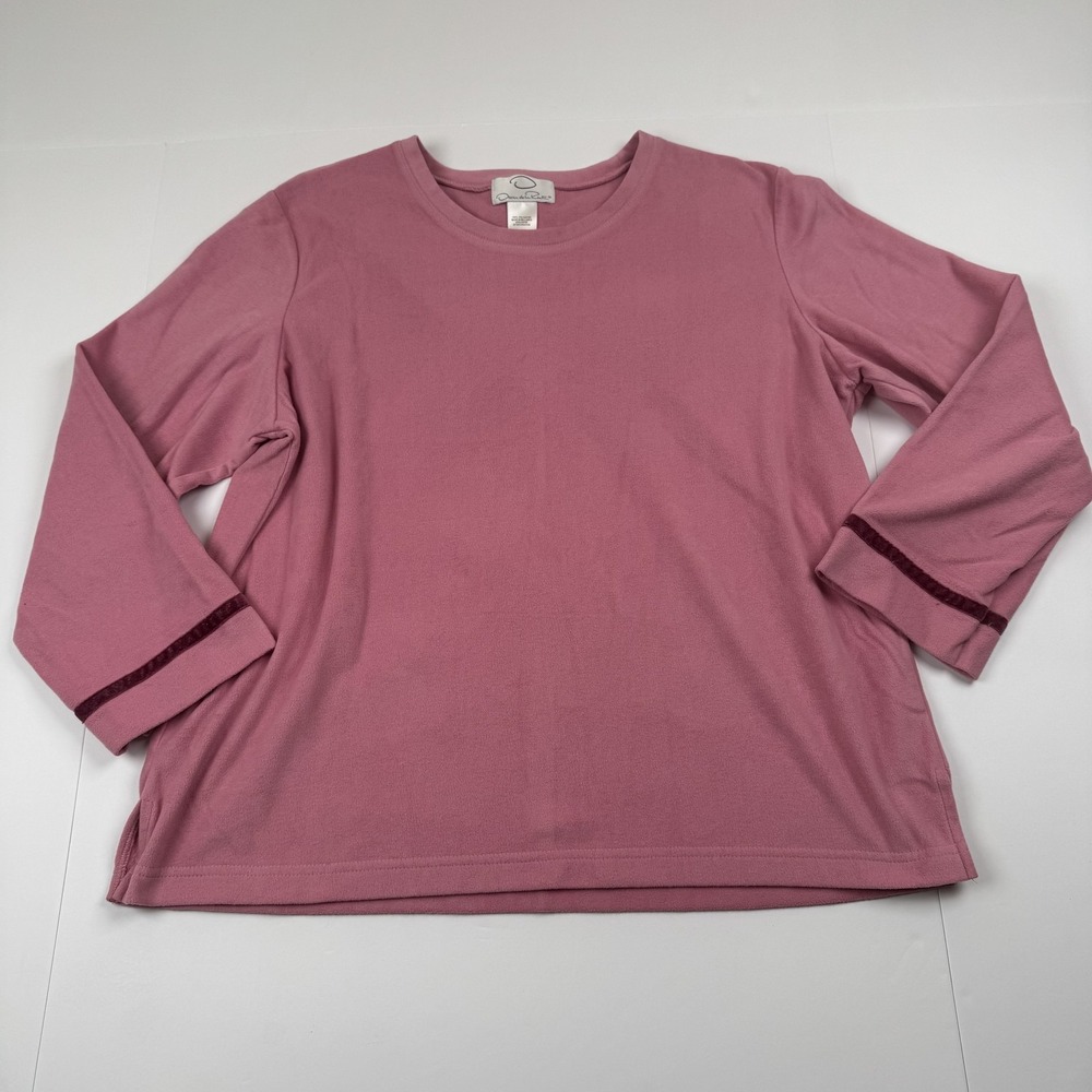 Oscar de la Renta Pullover Womens Large Velvet Trim Fleece Long Sleeve Shirt